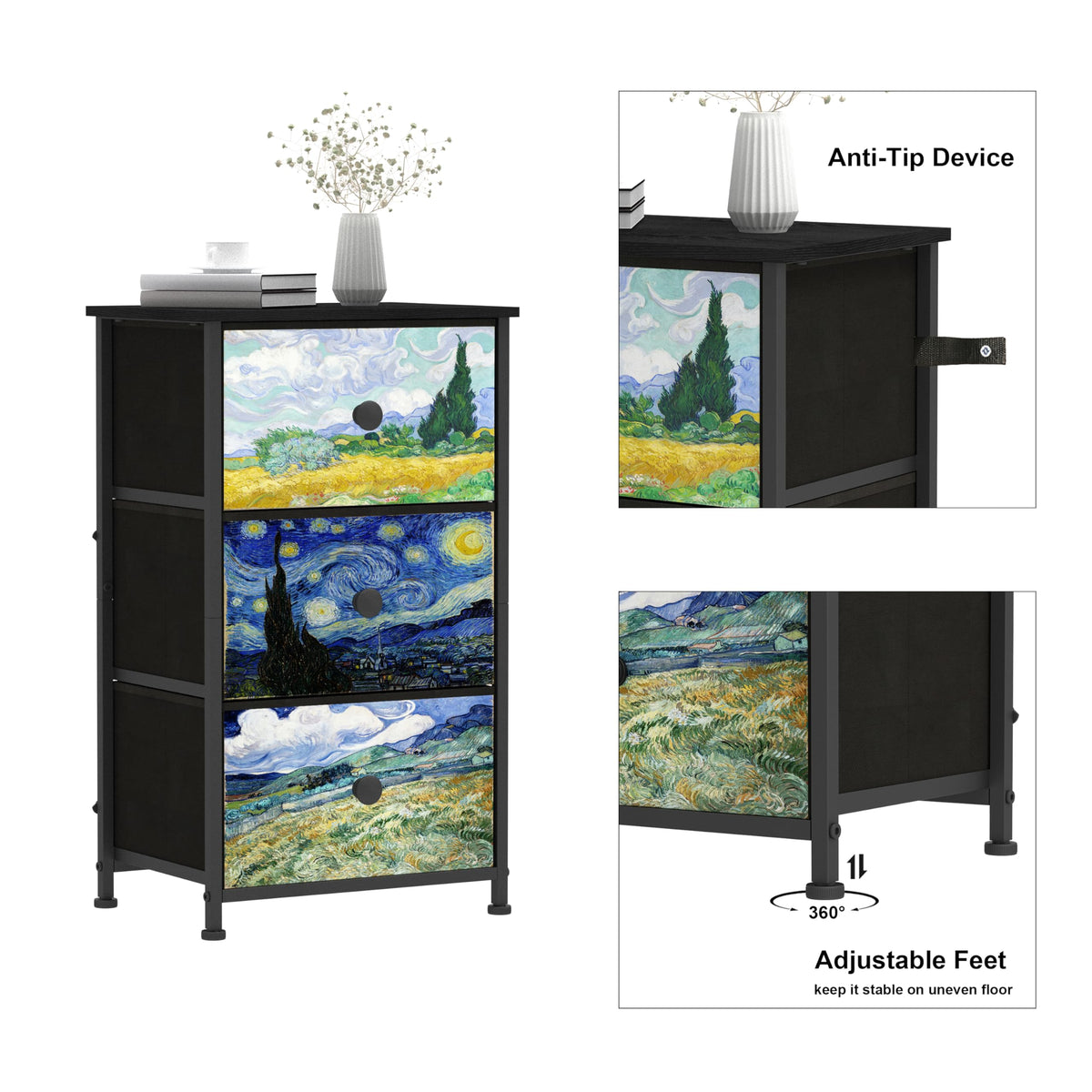 3 Drawer Dresser with Steel Frame Wood Top U56498