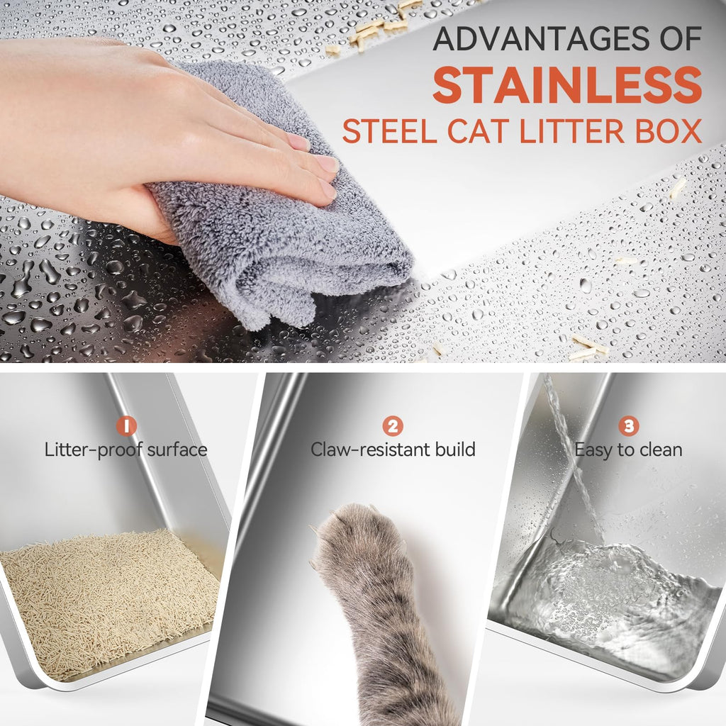 Enclosed Stainless Steel Cat Litter Box with Drawer and Flip Door, Extra Large Light Grey K42402