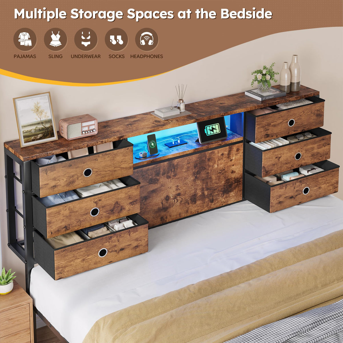 King Size Bed Frame with 9 Drawers and Charging Station E428