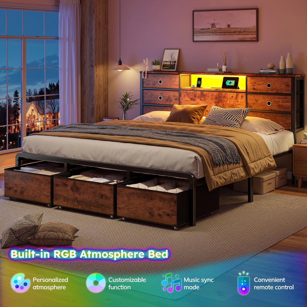 King Size Bed Frame with 9 Drawers and Charging Station E428