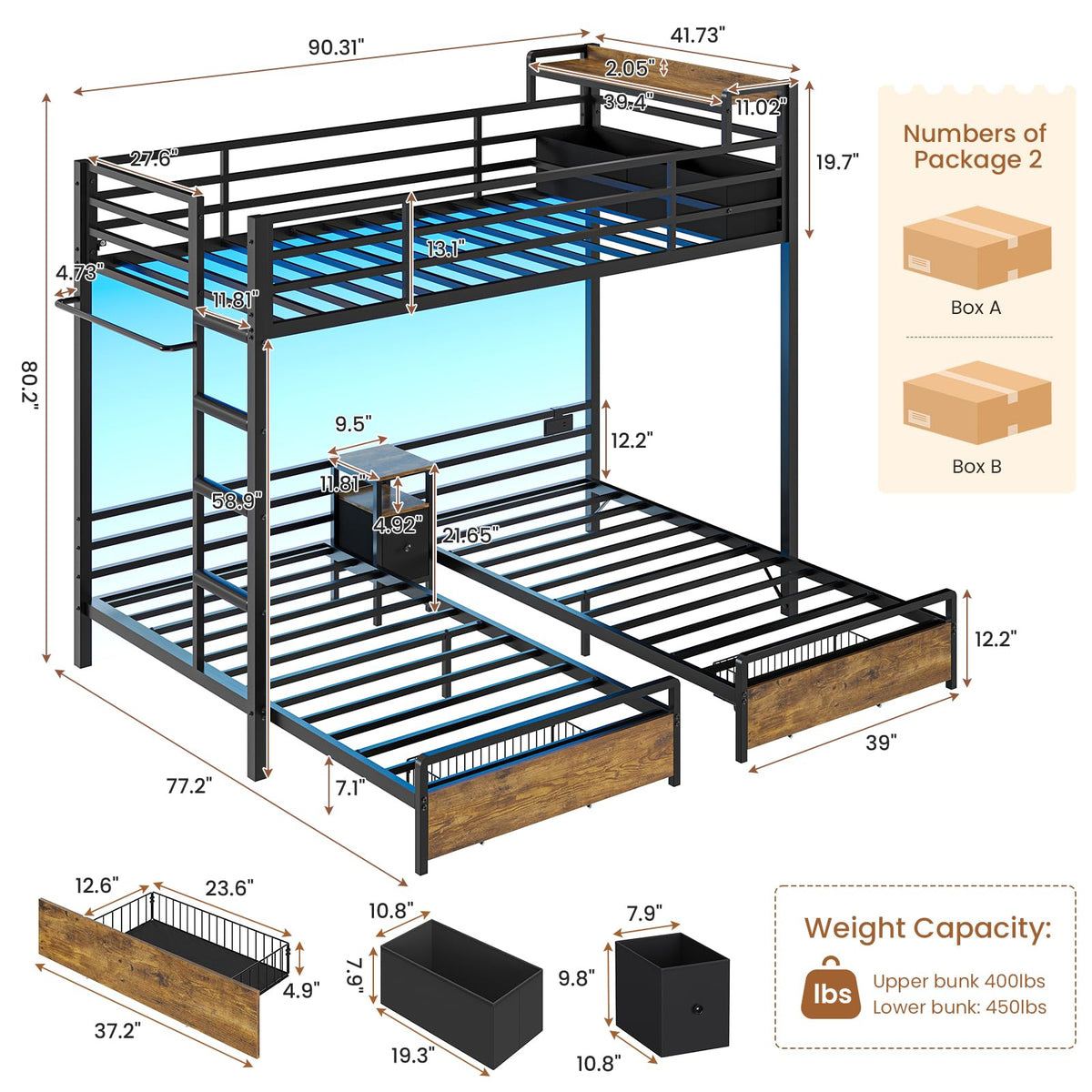 Black Twin Over Twin Triple Bunk Bed with Storage Drawers G903576