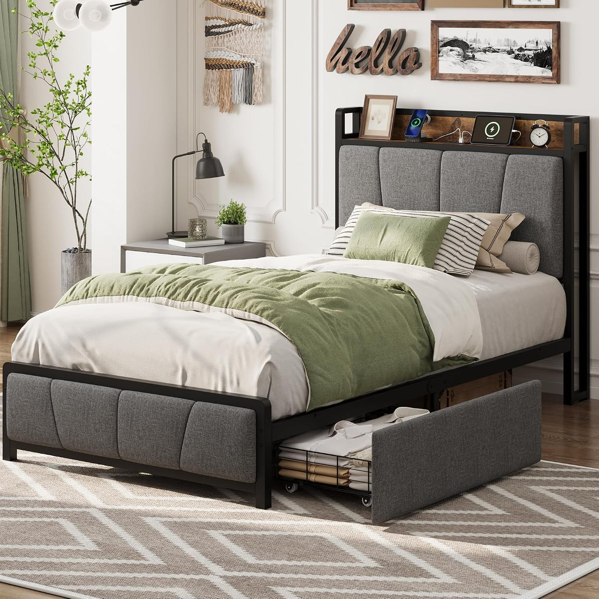 Twin Size Bed Frame with Storage Drawers and Charging Station A6410