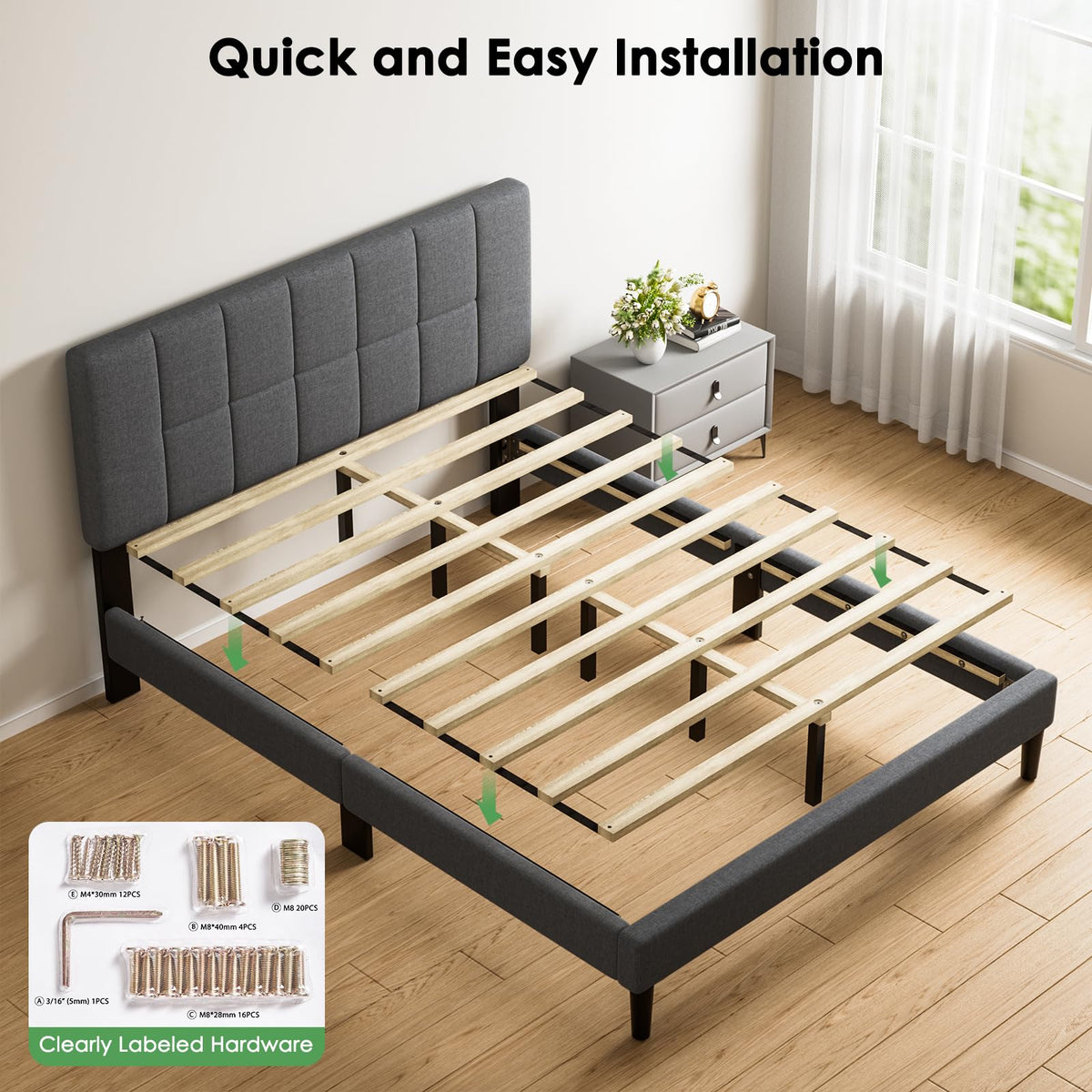 Queen Size Dark Gray Upholstered Bed Frame S300611