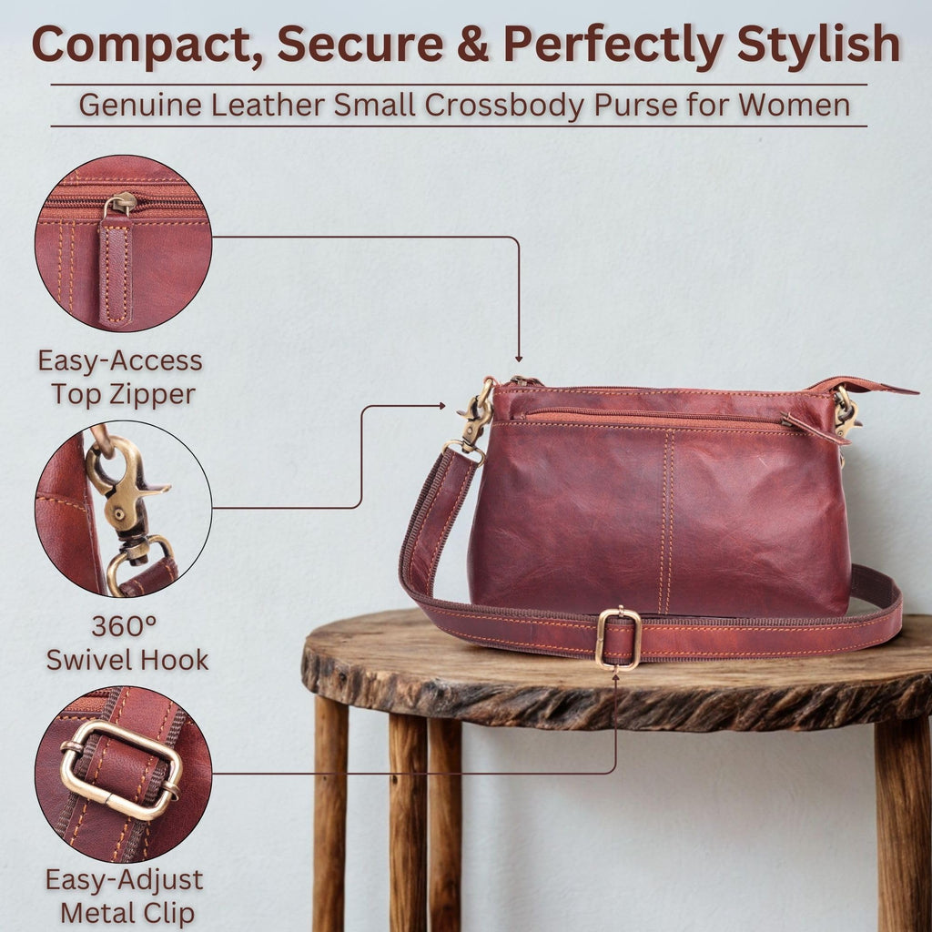Small Genuine Leather Crossbody Bag with 3 Zipper Pockets O3563