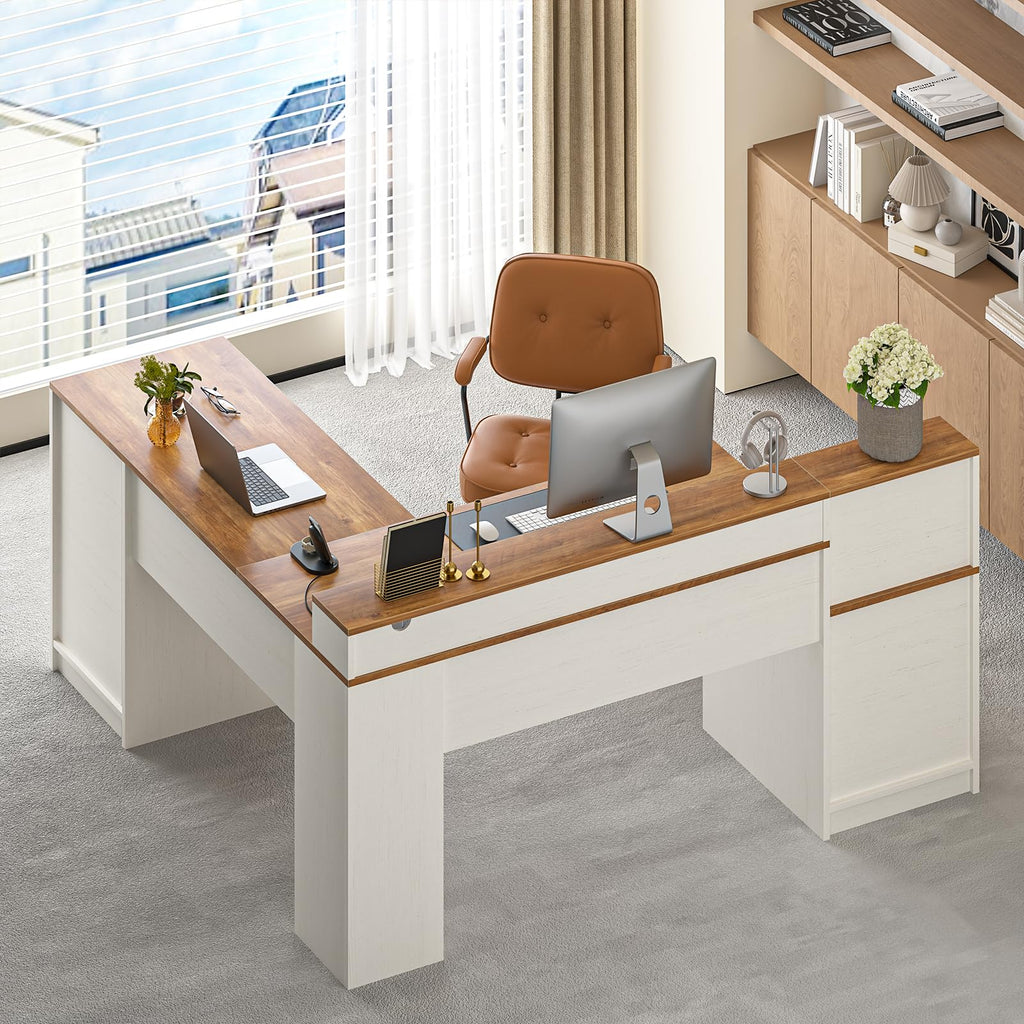 63" L Shaped Desk with Drawers & Printer Shelf K23068