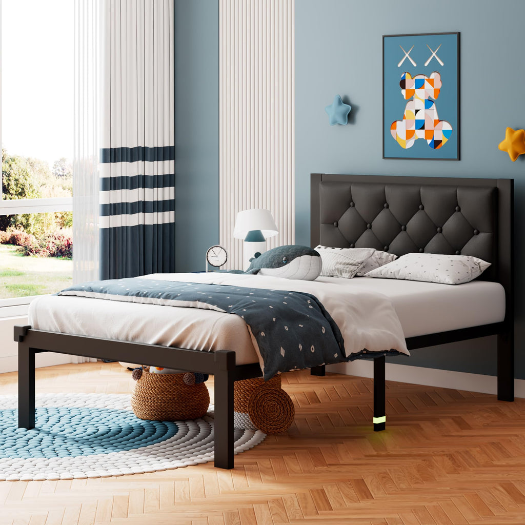 Twin Size Black Metal Platform Bed Frame with Faux Leather Button Tufted Headboard X236