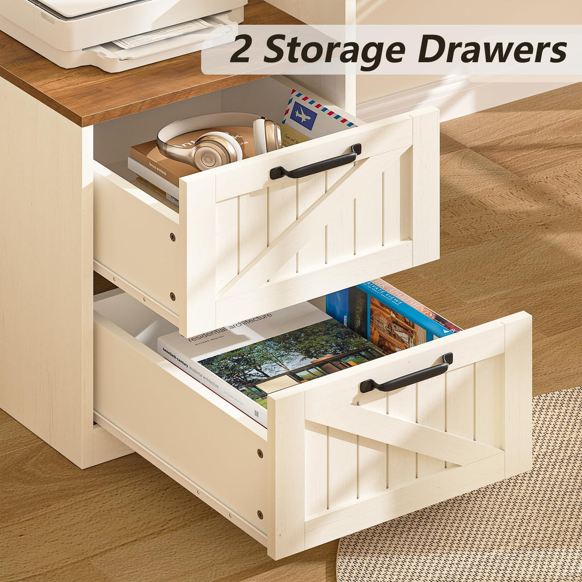63" L Shaped Desk with Drawers & Printer Shelf K23068