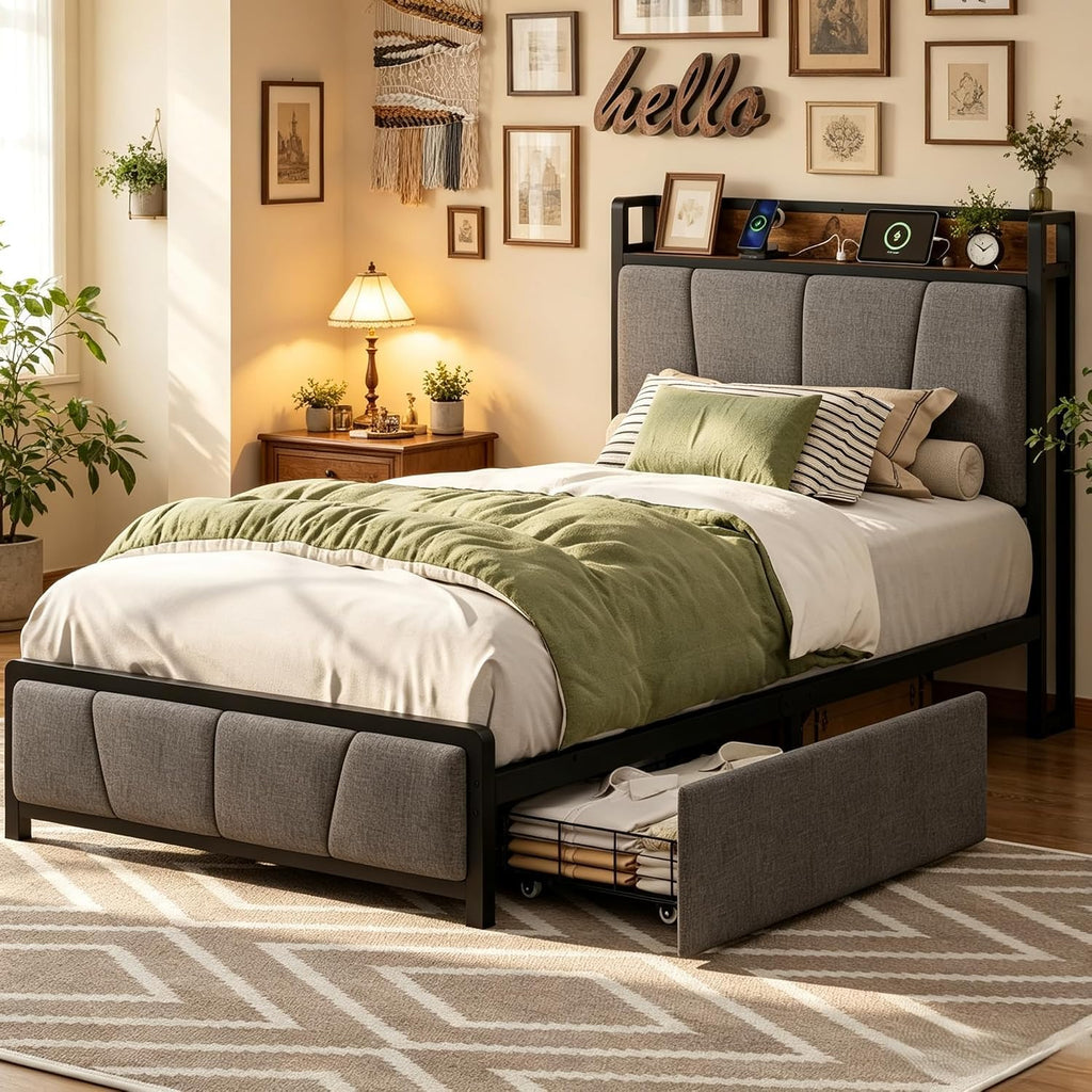 Twin Size Bed Frame with Storage Drawers and Charging Station A6410