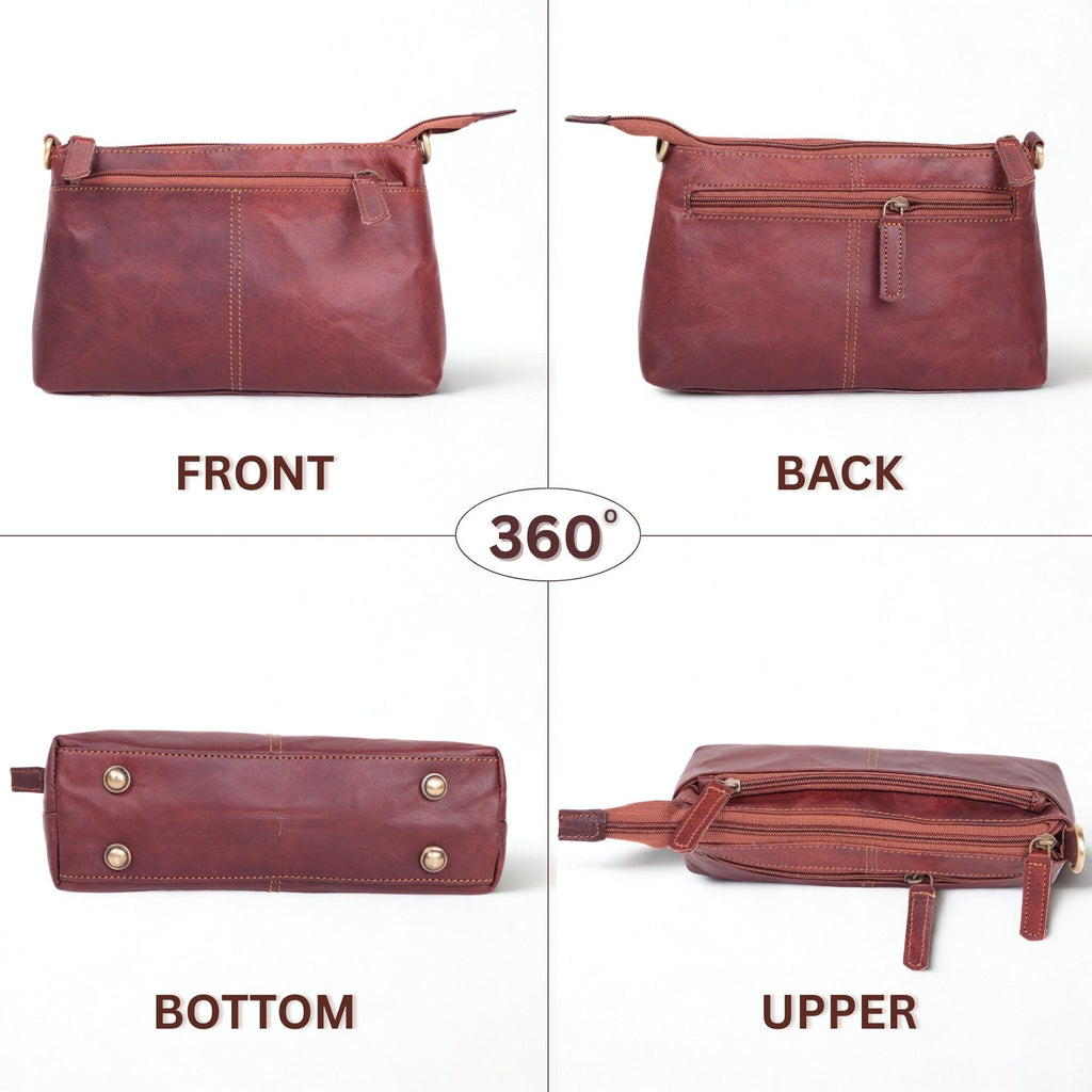 Small Genuine Leather Crossbody Bag with 3 Zipper Pockets O3563