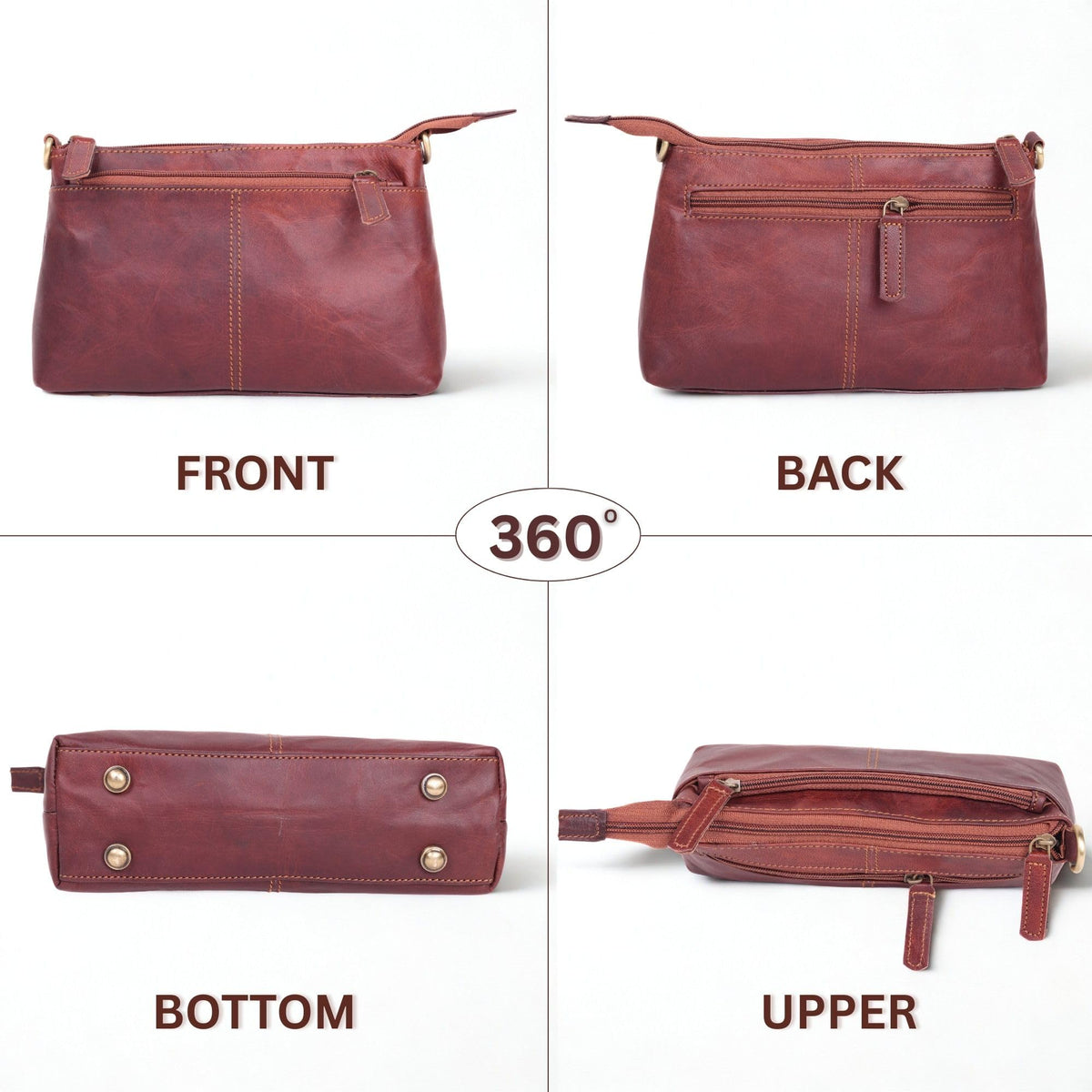 Small Genuine Leather Crossbody Bag with 3 Zipper Pockets O3563