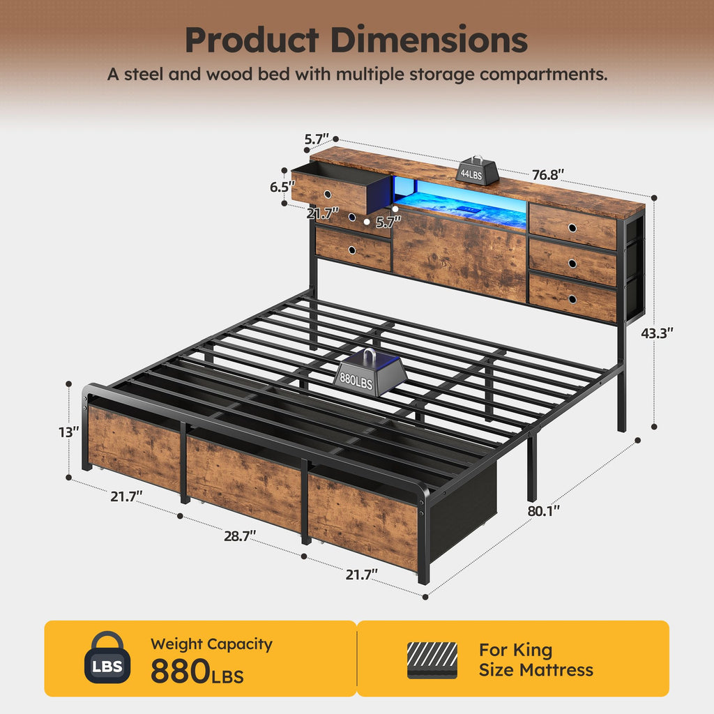 King Size Bed Frame with 9 Drawers and Charging Station E428