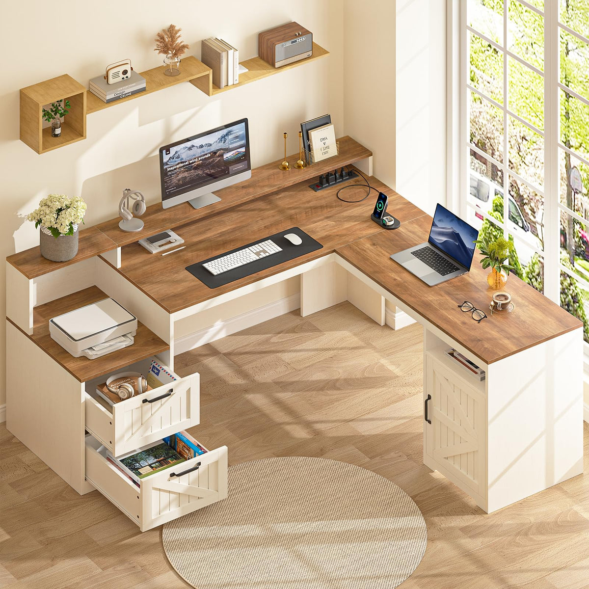 63" L Shaped Desk with Drawers & Printer Shelf K23068