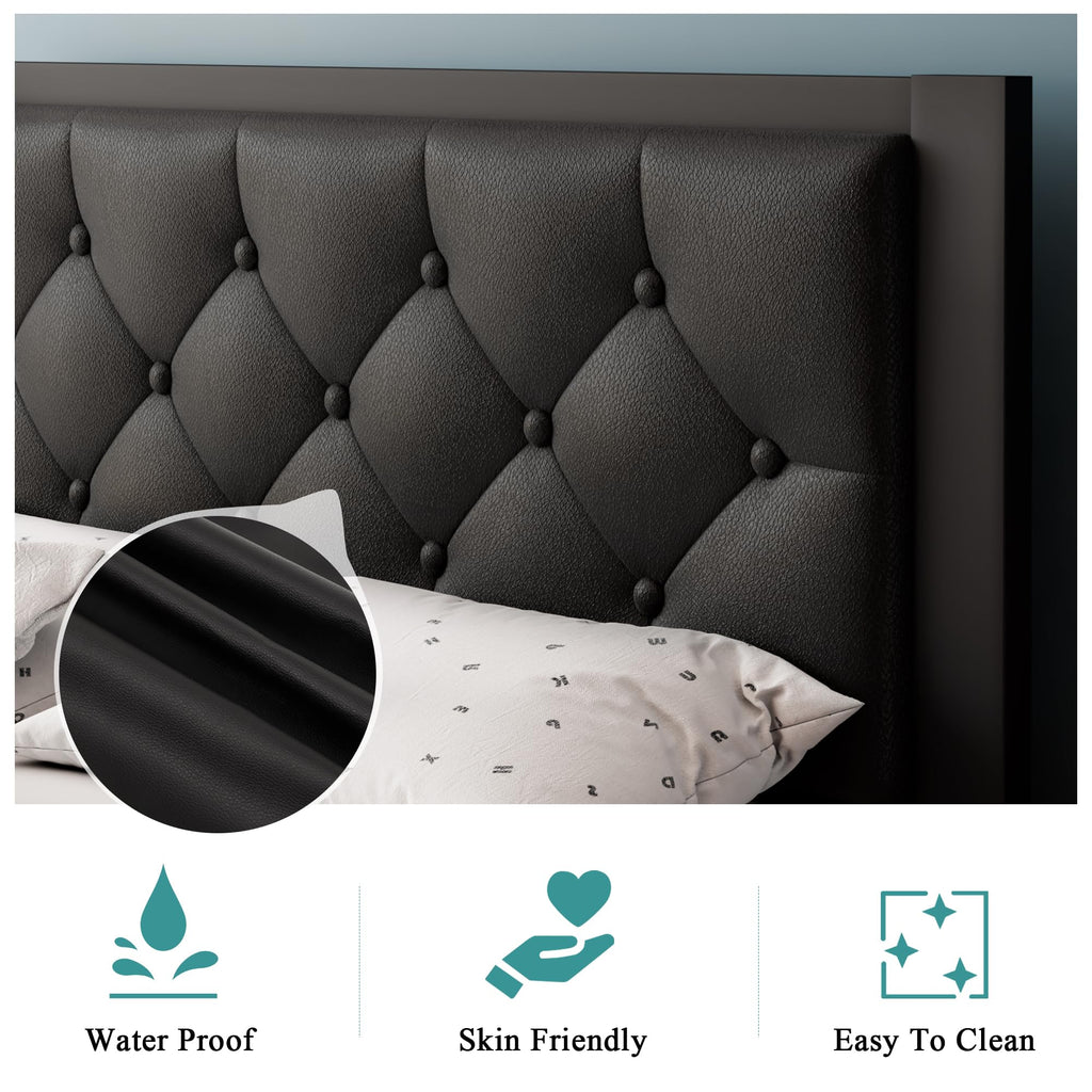 Twin Size Black Metal Platform Bed Frame with Faux Leather Button Tufted Headboard X236