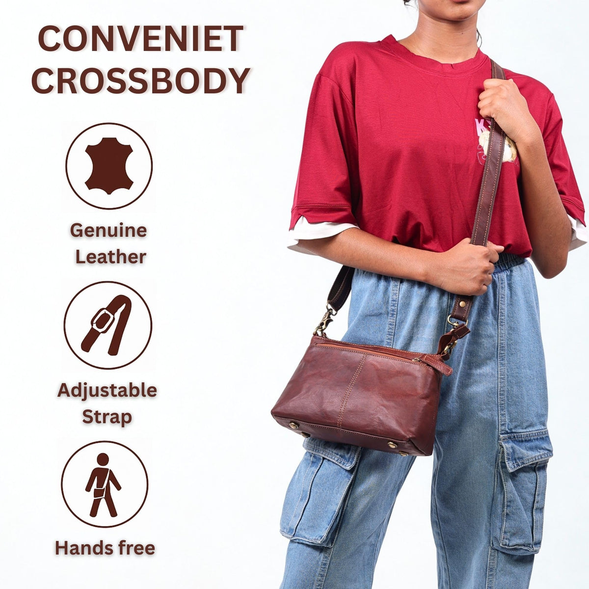 Small Genuine Leather Crossbody Bag with 3 Zipper Pockets O3563