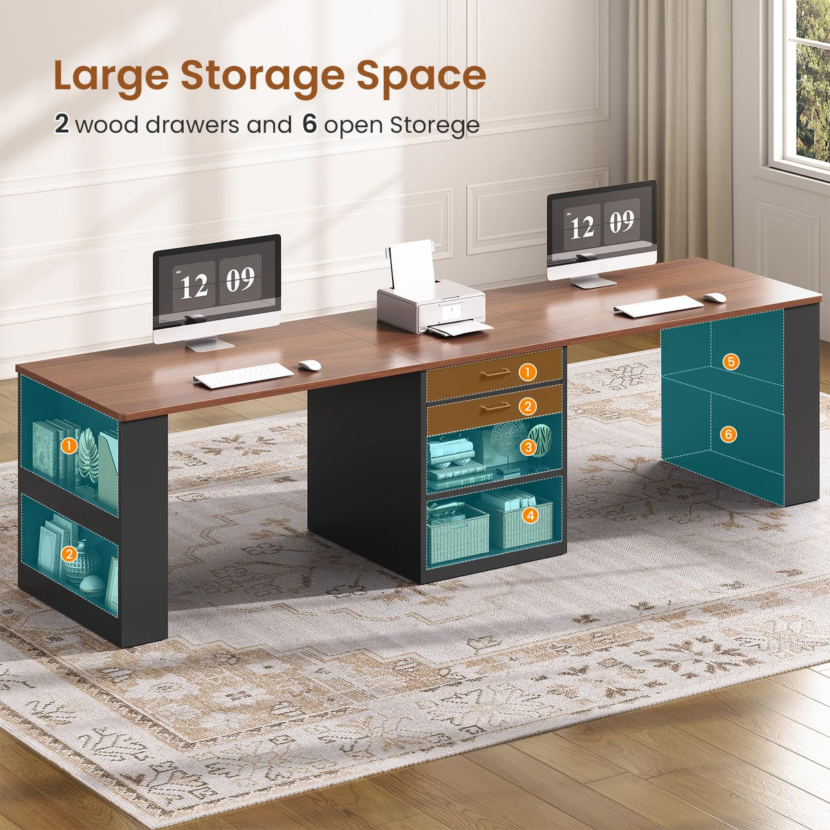 90.5" 2 Person Computer Desk with Storage Drawers Black S350856
