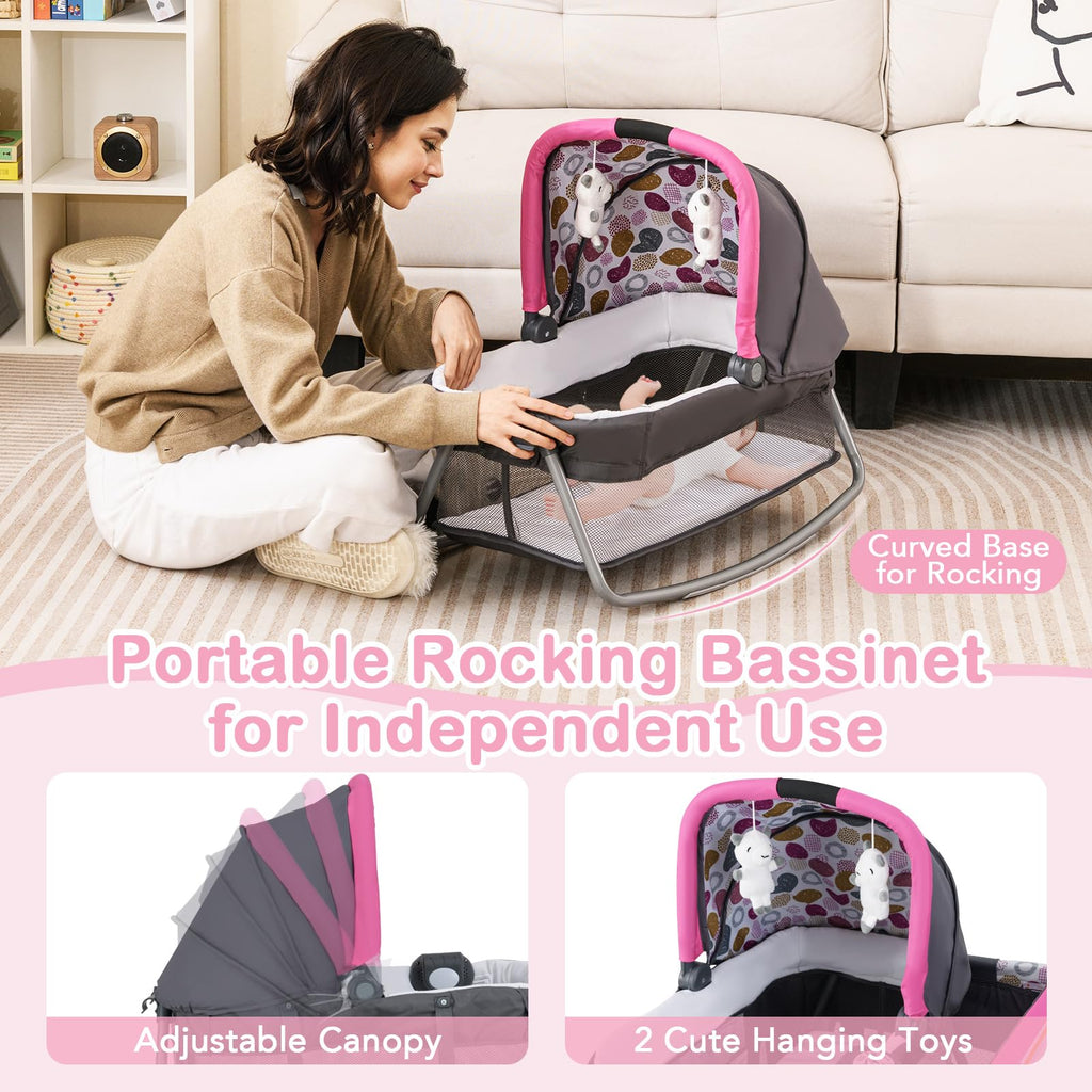 Pink Portable Baby Playard with Bassinet and Changing Station Y208979