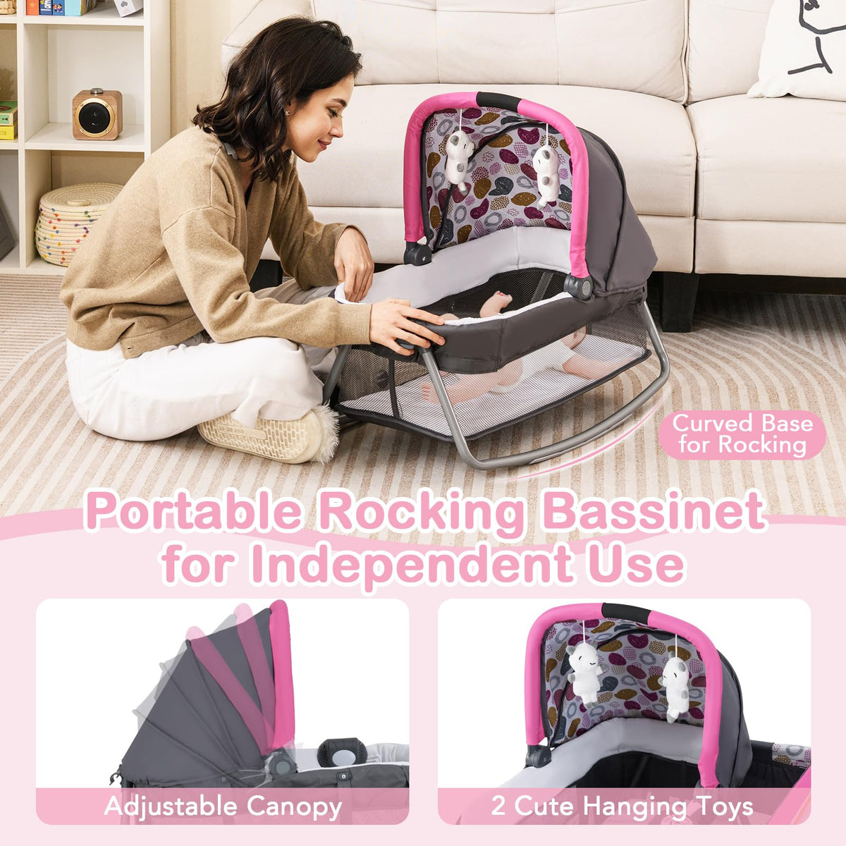 Pink Portable Baby Playard with Bassinet and Changing Station Y208979