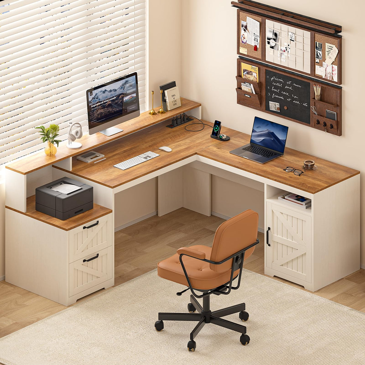63" L Shaped Desk with Drawers & Printer Shelf K23068