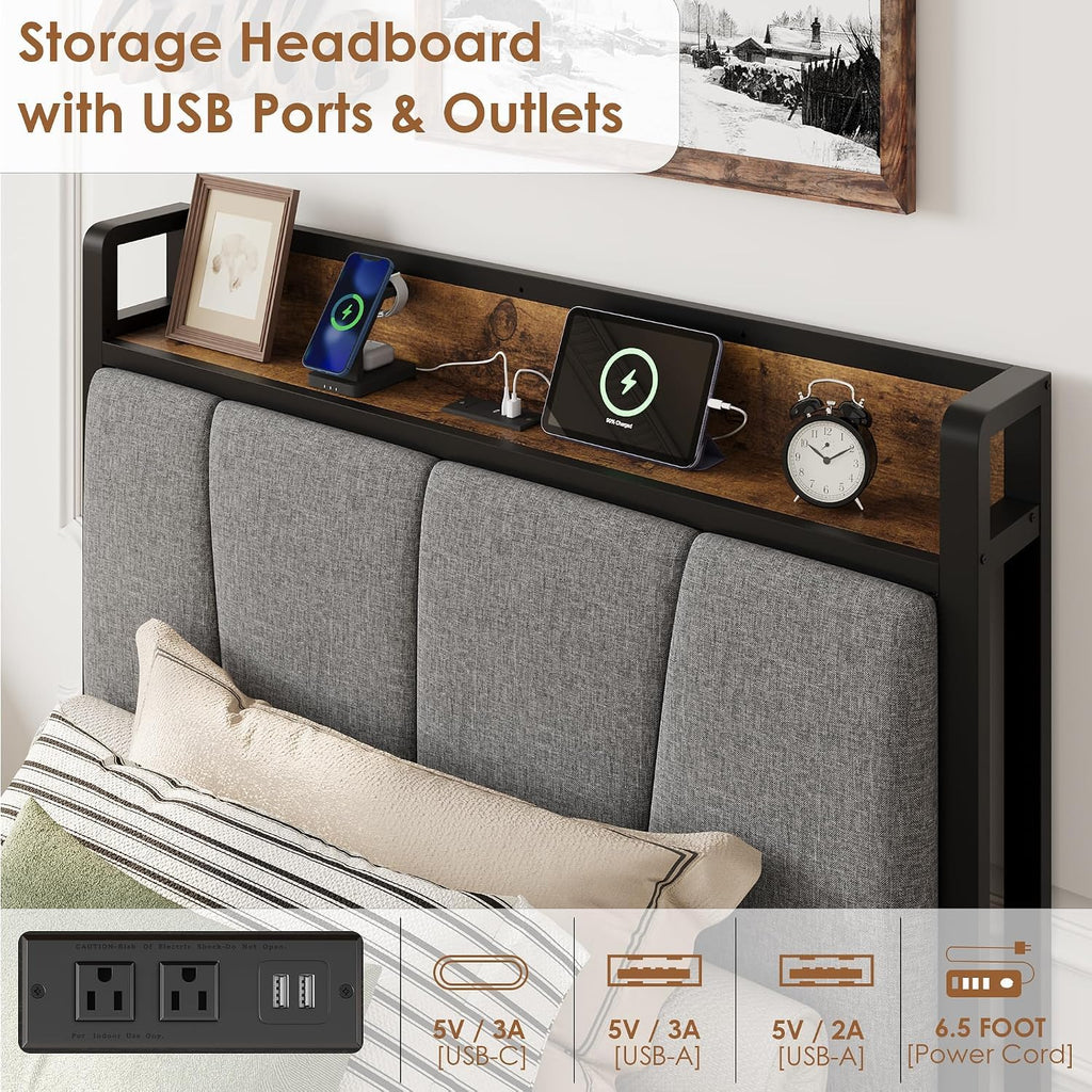 Twin Size Bed Frame with Storage Drawers and Charging Station A6410