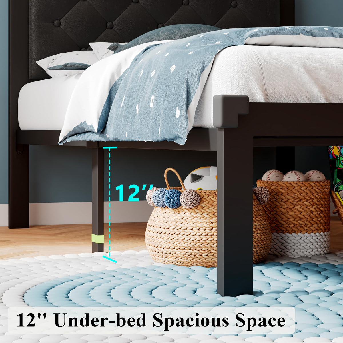 Twin Size Black Metal Platform Bed Frame with Faux Leather Button Tufted Headboard X236