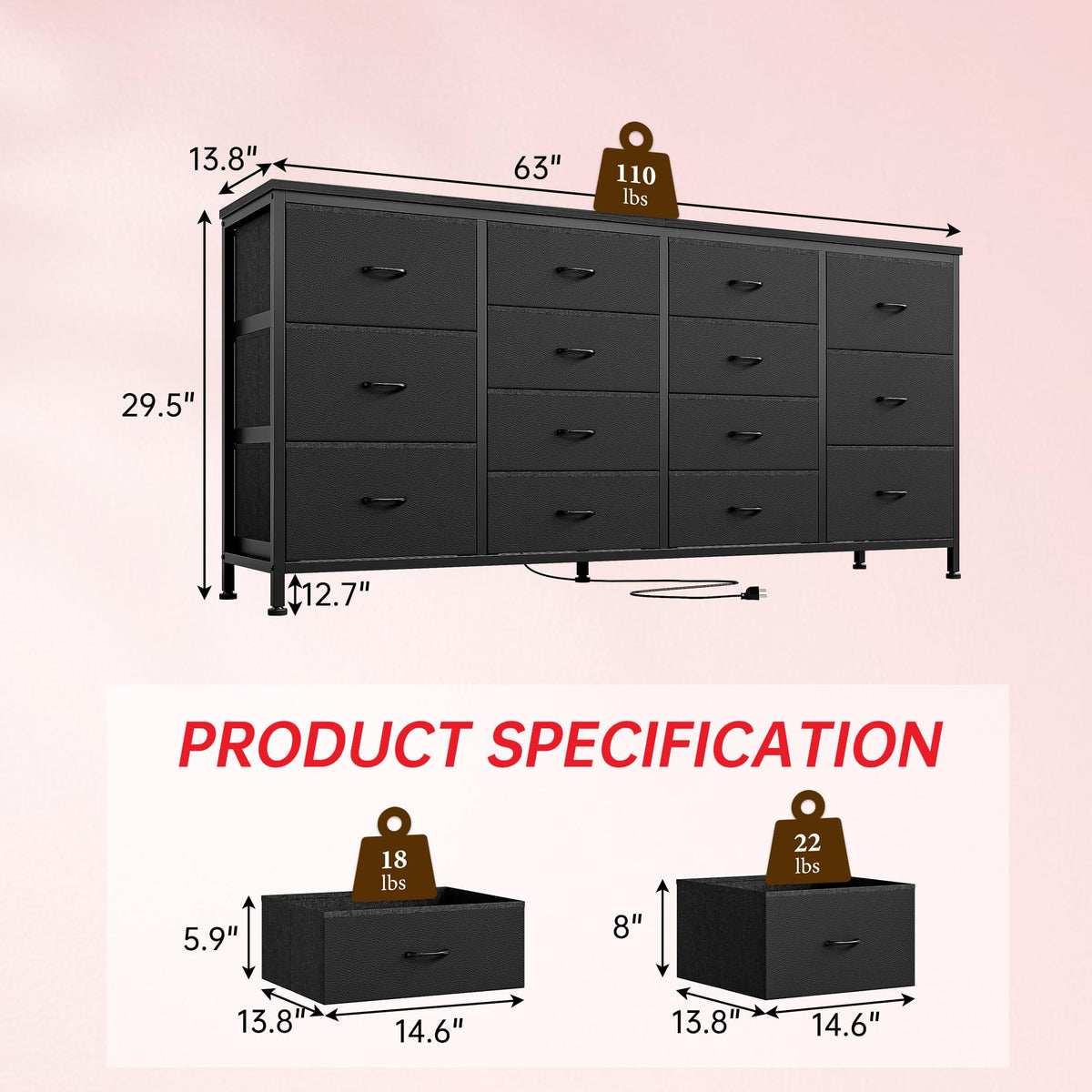 Black 14 Drawer Fabric TV Stand E248346