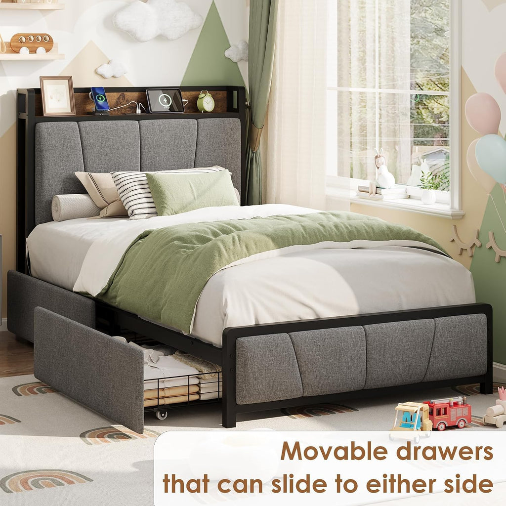 Twin Size Bed Frame with Storage Drawers and Charging Station A6410