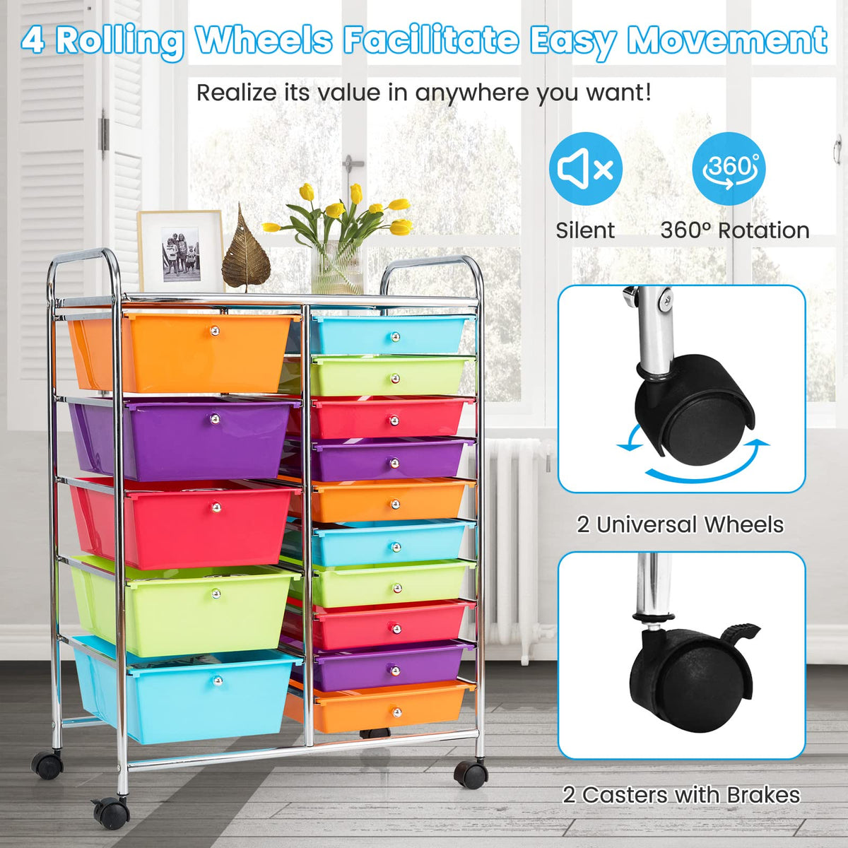15 Drawer Rolling Cart with Lockable Wheels Y184130