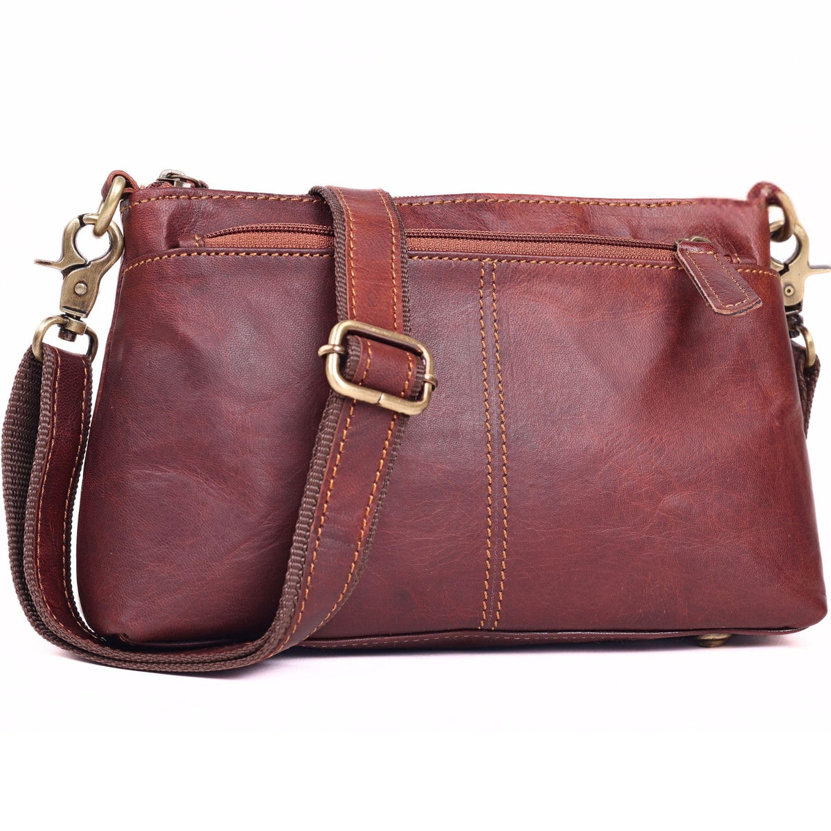 Small Genuine Leather Crossbody Bag with 3 Zipper Pockets O3563