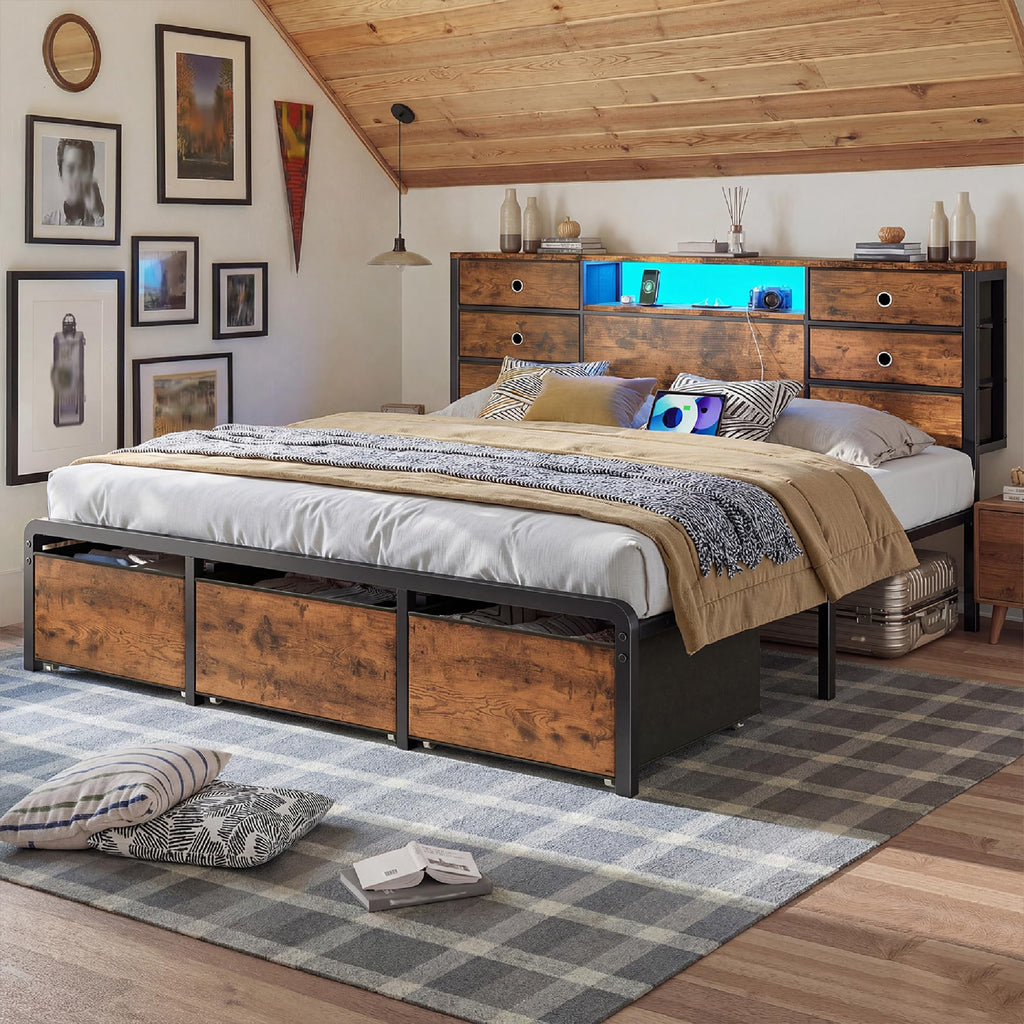 King Size Bed Frame with 9 Drawers and Charging Station E428