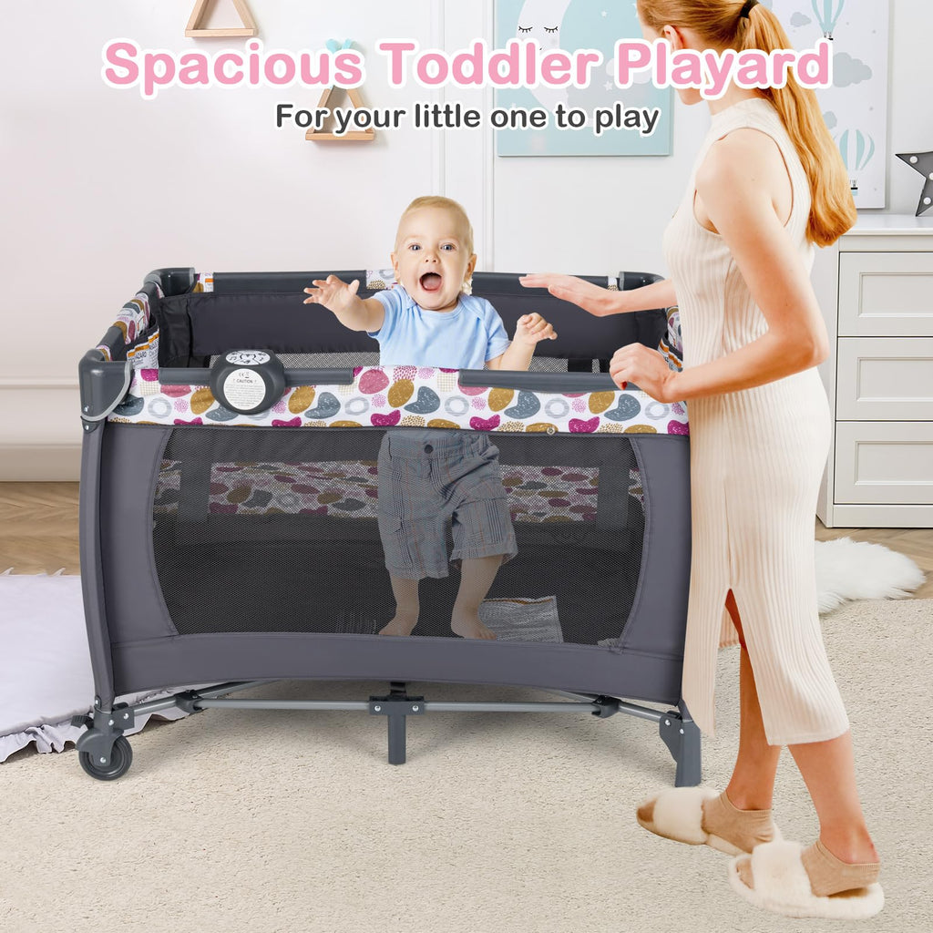 Pink Portable Baby Playard with Bassinet and Changing Station Y208979