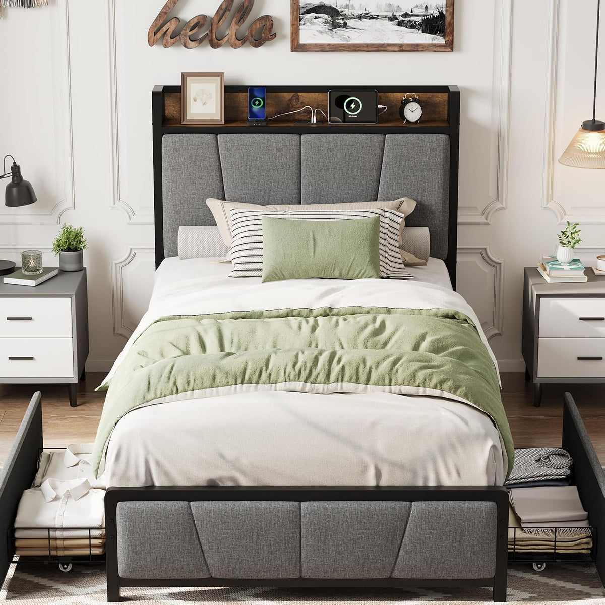 Twin Size Bed Frame with Storage Drawers and Charging Station A6410