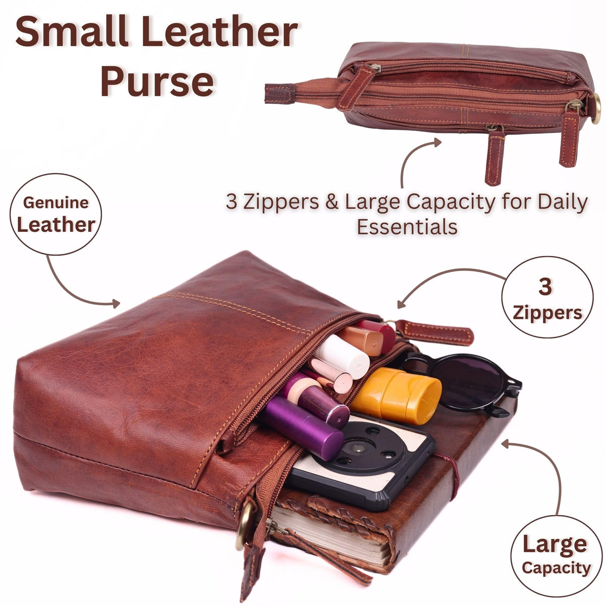 Small Genuine Leather Crossbody Bag with 3 Zipper Pockets O3563