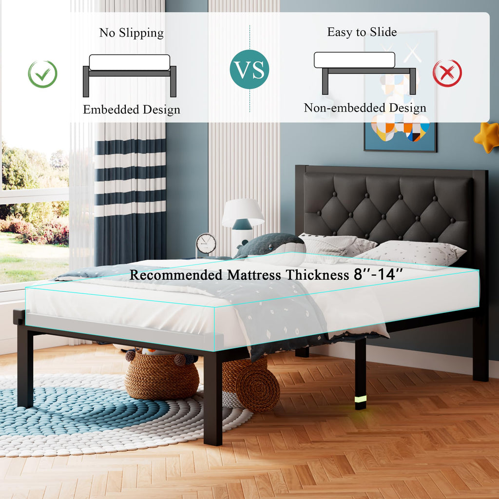Twin Size Black Metal Platform Bed Frame with Faux Leather Button Tufted Headboard X236