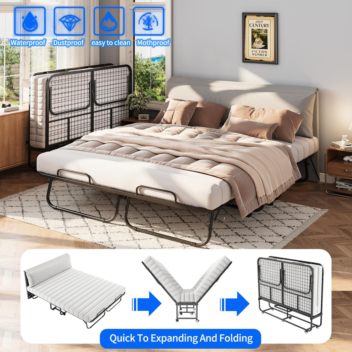 Queen Size Folding Bed with Memory Mattress and Headboard I48899