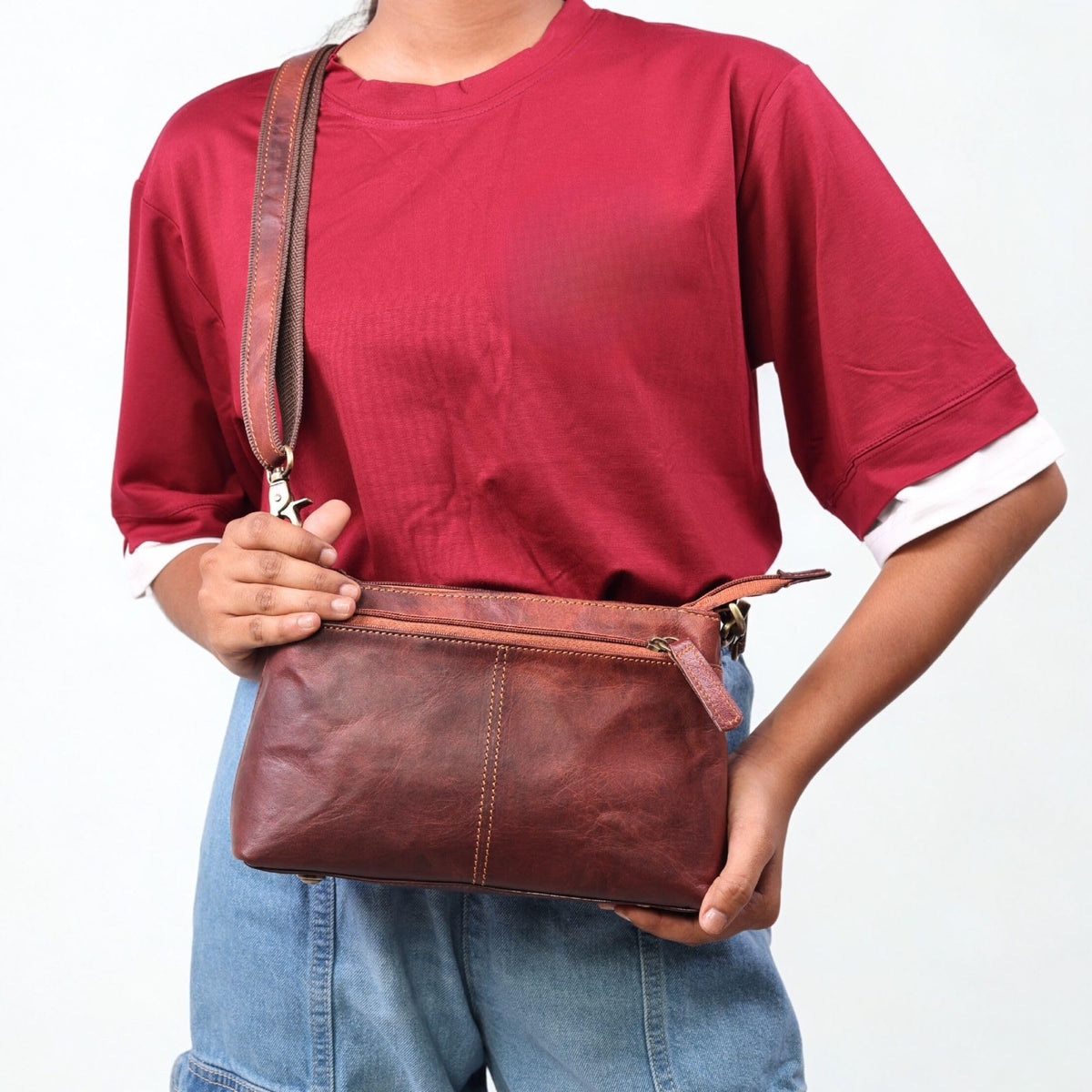 Small Genuine Leather Crossbody Bag with 3 Zipper Pockets O3563