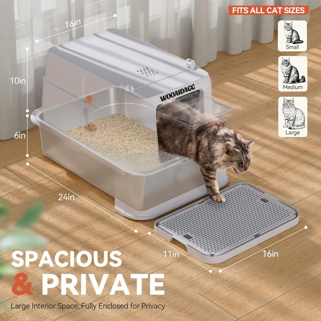 Enclosed Stainless Steel Cat Litter Box with Drawer and Flip Door, Extra Large Light Grey K42402