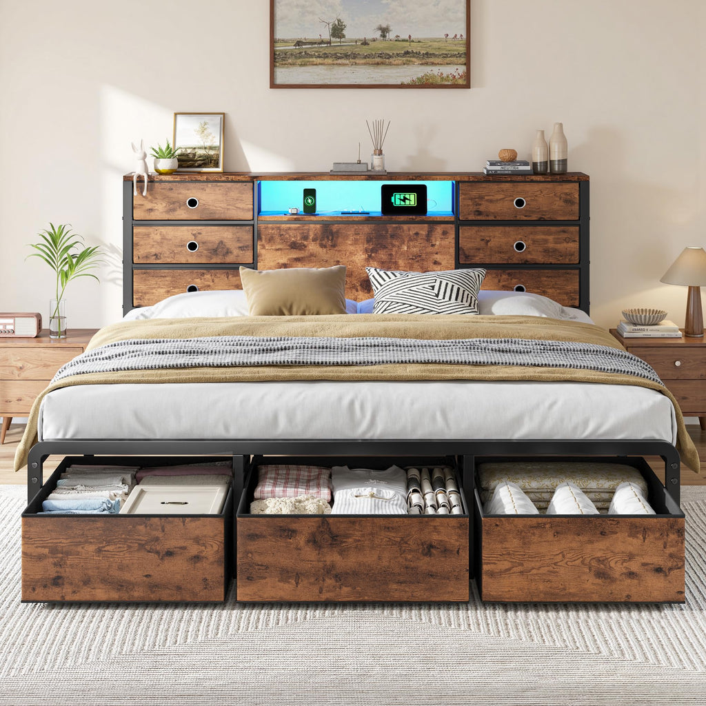King Size Bed Frame with 9 Drawers and Charging Station E428
