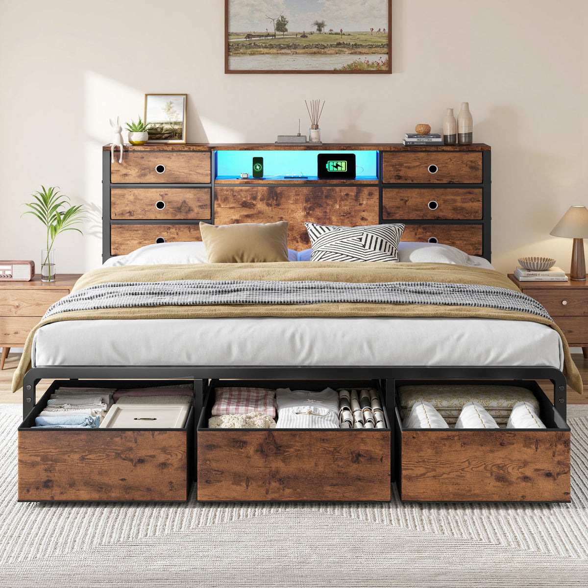 King Size Bed Frame with 9 Drawers and Charging Station E428
