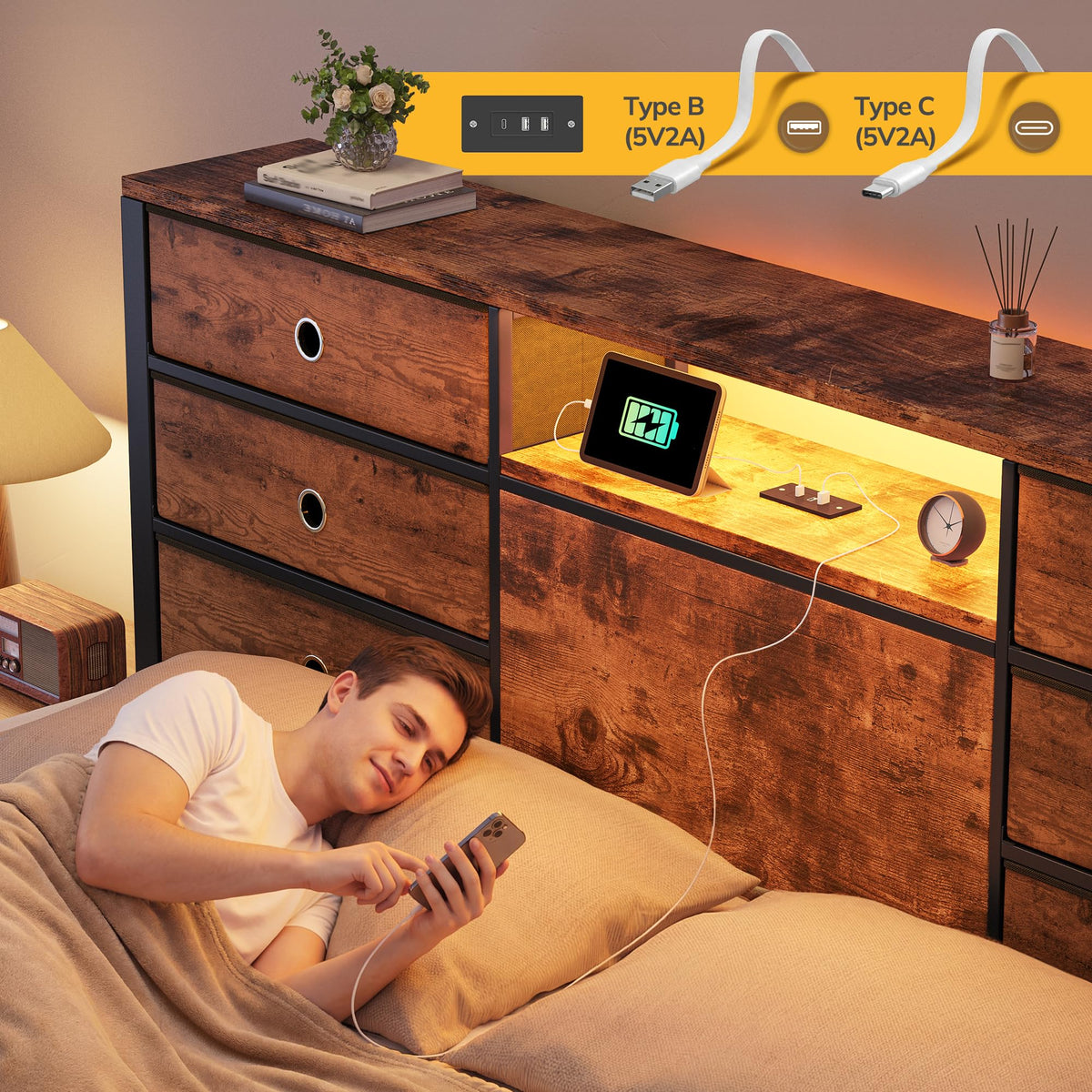 King Size Bed Frame with 9 Drawers and Charging Station E428